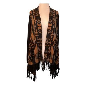 Rafaella Fringe Bohemian Print Cardigan Sweater Black Brown Knit Open Front PM